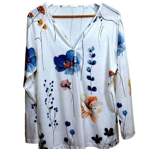 White Floral T-Shirt Large Botanical Long Sleeve V-Neck Stretch Top Cottagecore - Picture 1 of 5